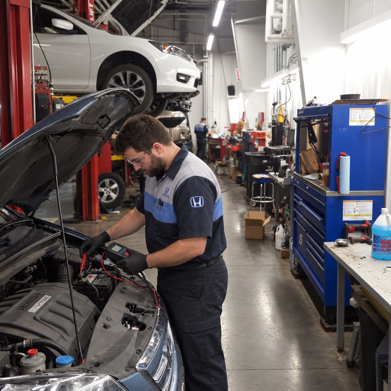 Rensselaer Honda technician testing a vehicle's 12-volt battery with a handheld diagnostic tester in the service bay.