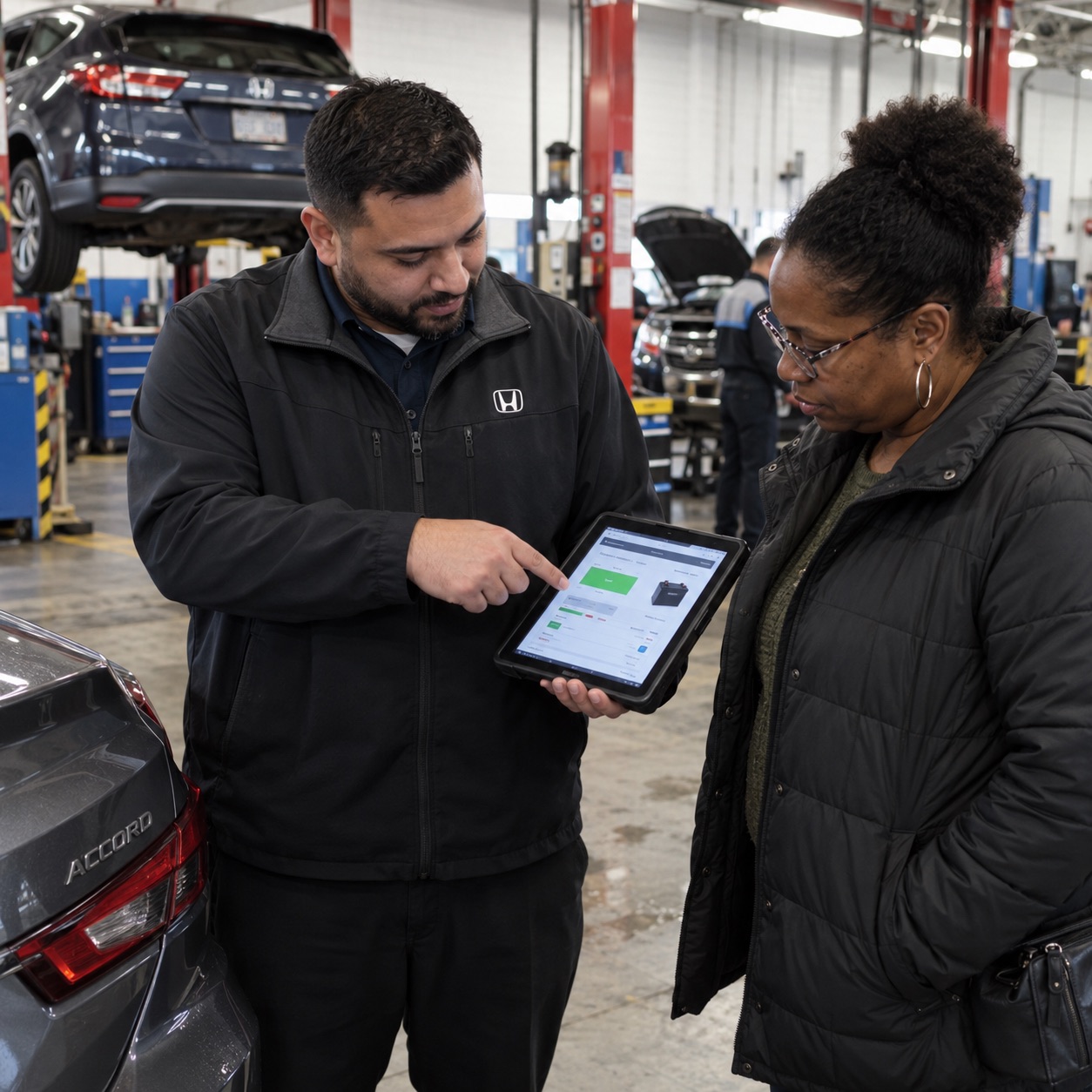 Rensselaer Honda service advisor reviewing 12-volt battery test results with a customer in the service bay in Troy, NY.