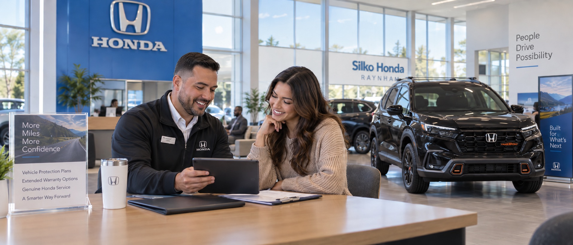 Silko Honda consultant reviewing vehicle protection options with a customer beside a black 2026 Honda CR-V TrailSport Hybrid