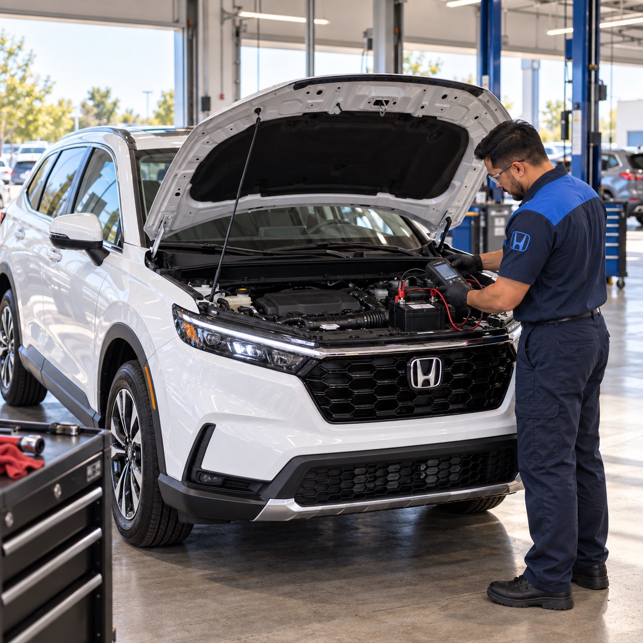 Honda technician testing the 12-volt battery in a white Honda CR-V at Tracy Honda in Tracy California