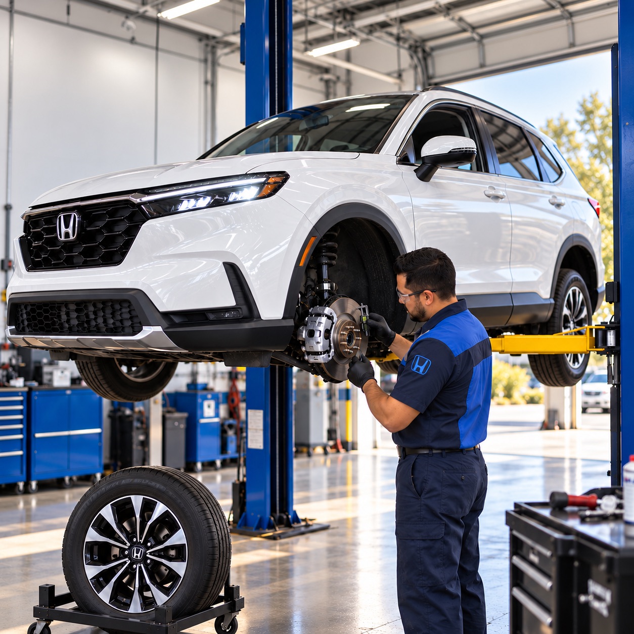 White 2026 Honda CR-V raised on a service lift while a technician inspects the exposed front brake assembly at Tracy Honda