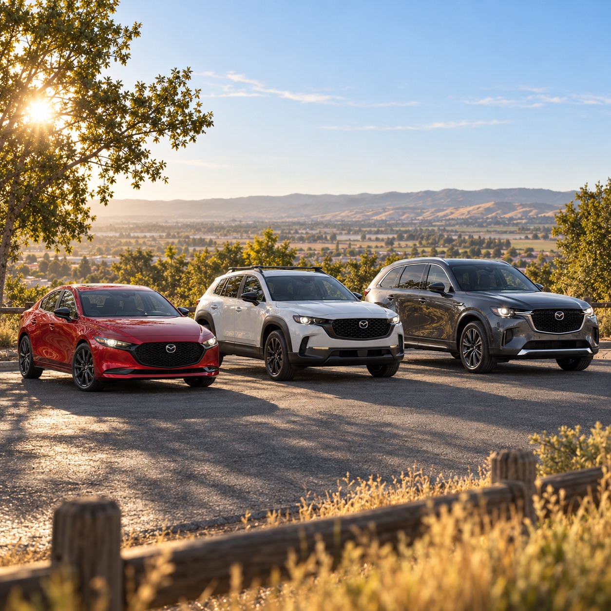 Red 2026 Mazda3 Sedan, white 2026 Mazda CX-50 Hybrid, and dark gray 2026 Mazda CX-90 PHEV overlooking the Tracy, California area