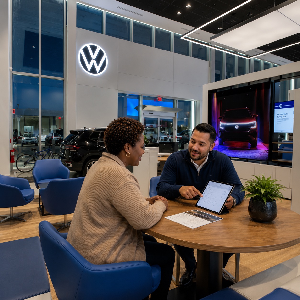 Customer reviews an out-the-door vehicle price breakdown with a Silko Volkswagen of Easton Sales Consultant