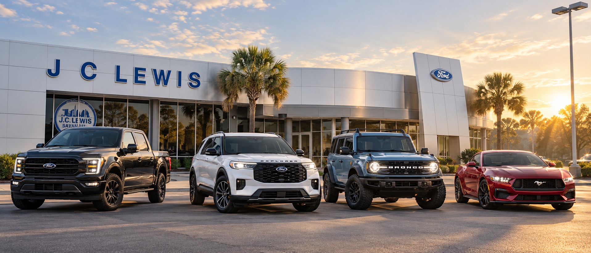 2026 Ford F-150, Explorer, Bronco and Mustang parked outside J.C. Lewis Ford Savannah at sunrise