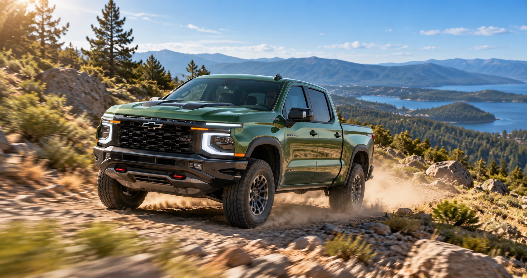 2027 Chevrolet Silverado 1500 driving on a rugged mountain trail in Northern California
