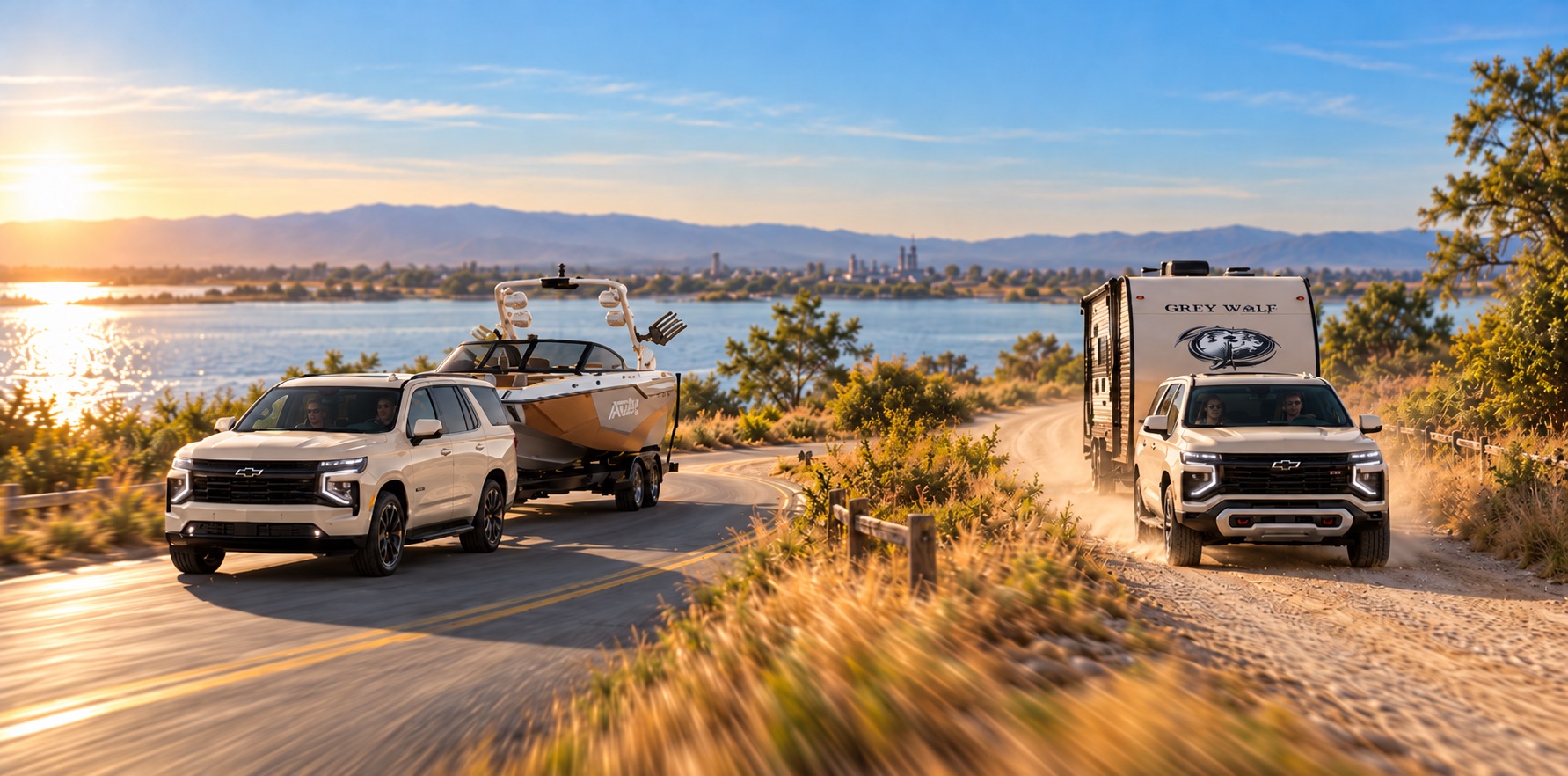 Two 2027 Chevrolet Tahoes towing a boat and travel trailer along the waterfront in Pittsburg, CA