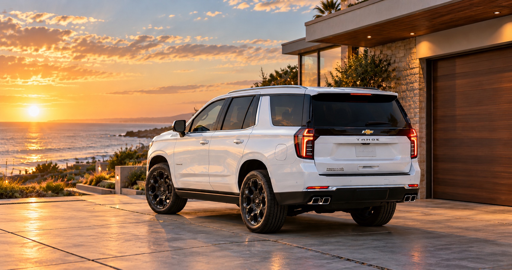 2027 Chevrolet Tahoe High Country parked in the driveway of a waterfront home in Pittsburg, CA