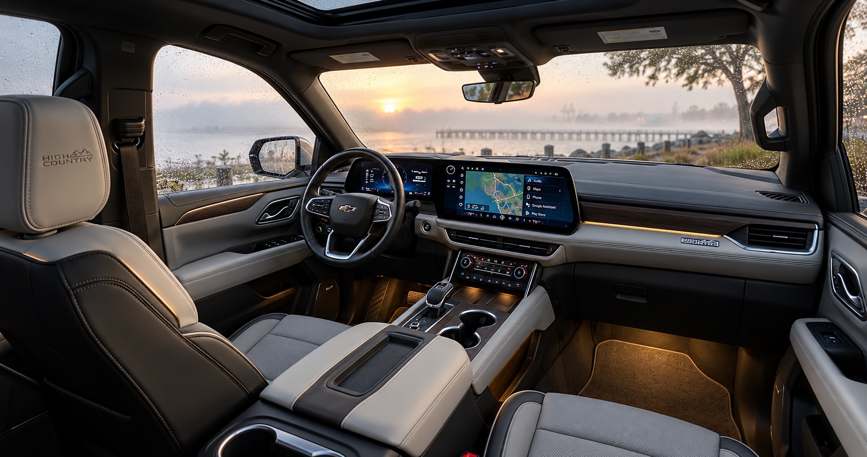 2027 Chevrolet Tahoe High Country interior overlooking the waterfront in Pittsburg, CA at sunrise