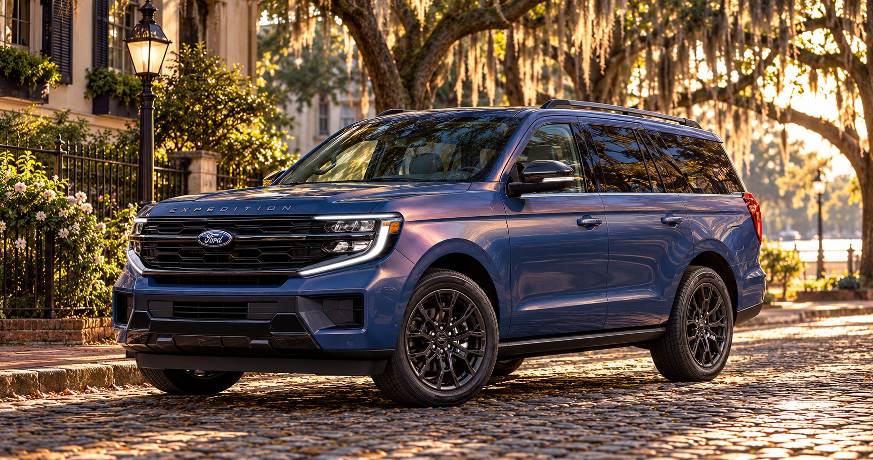 2027 Ford Expedition Platinum 30th Anniversary Edition in Blue Ember parked on a historic cobblestone street in Savannah, GA