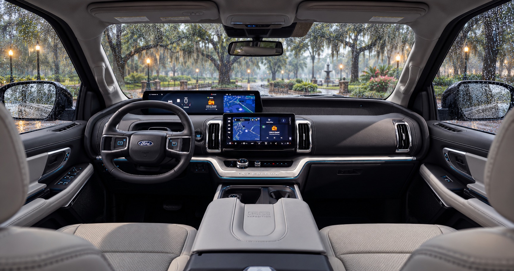 2027 Ford Expedition Platinum interior overlooking a rainy park in Savannah, GA