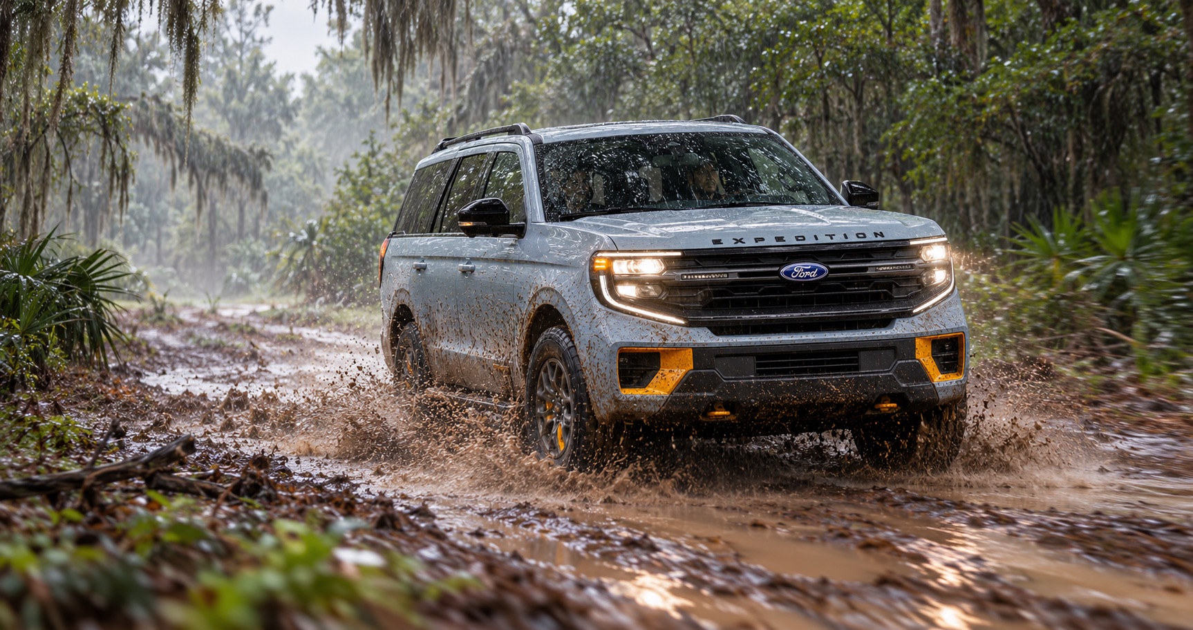 2027 Ford Expedition Tremor driving through a muddy forest trail near Savannah, GA