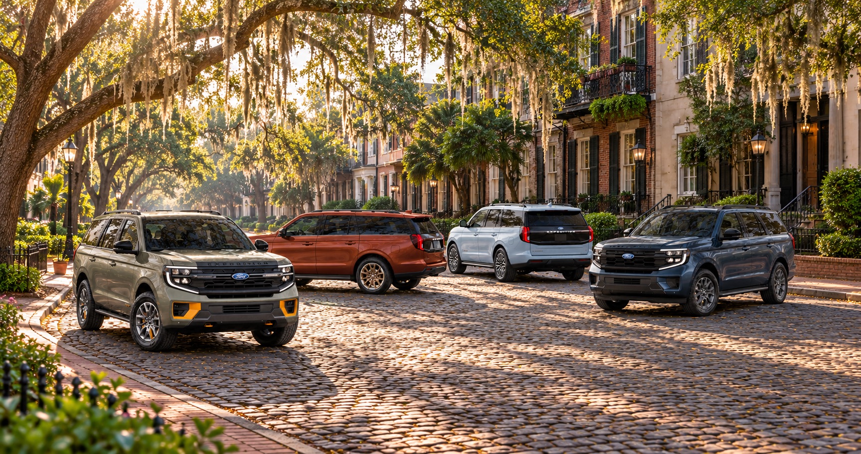 2027 Ford Expedition trim levels parked along a historic cobblestone street in Savannah, GA