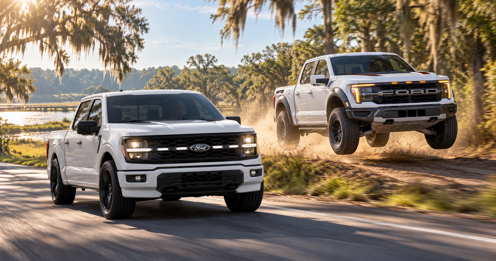 2027 Ford F-150 LOBO and Raptor driving side by side near Savannah, GA, with the Raptor airborne on a dirt trail