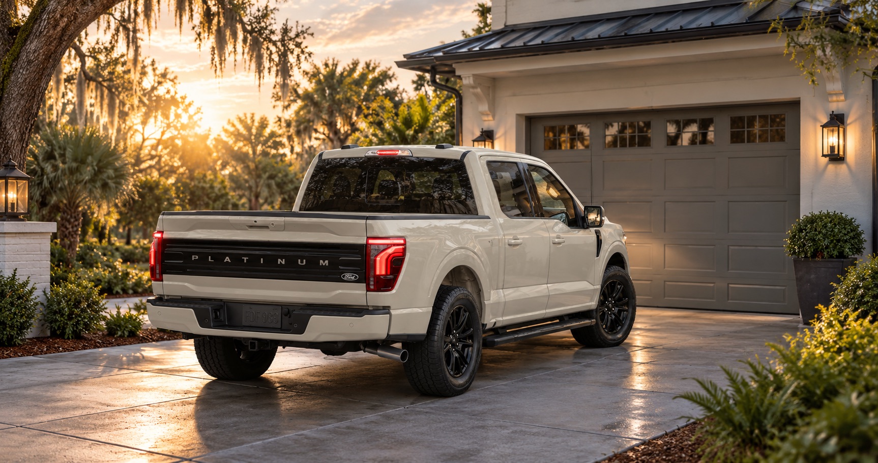 2027 Ford F-150 Platinum parked in the driveway of a Savannah, GA home at sunset