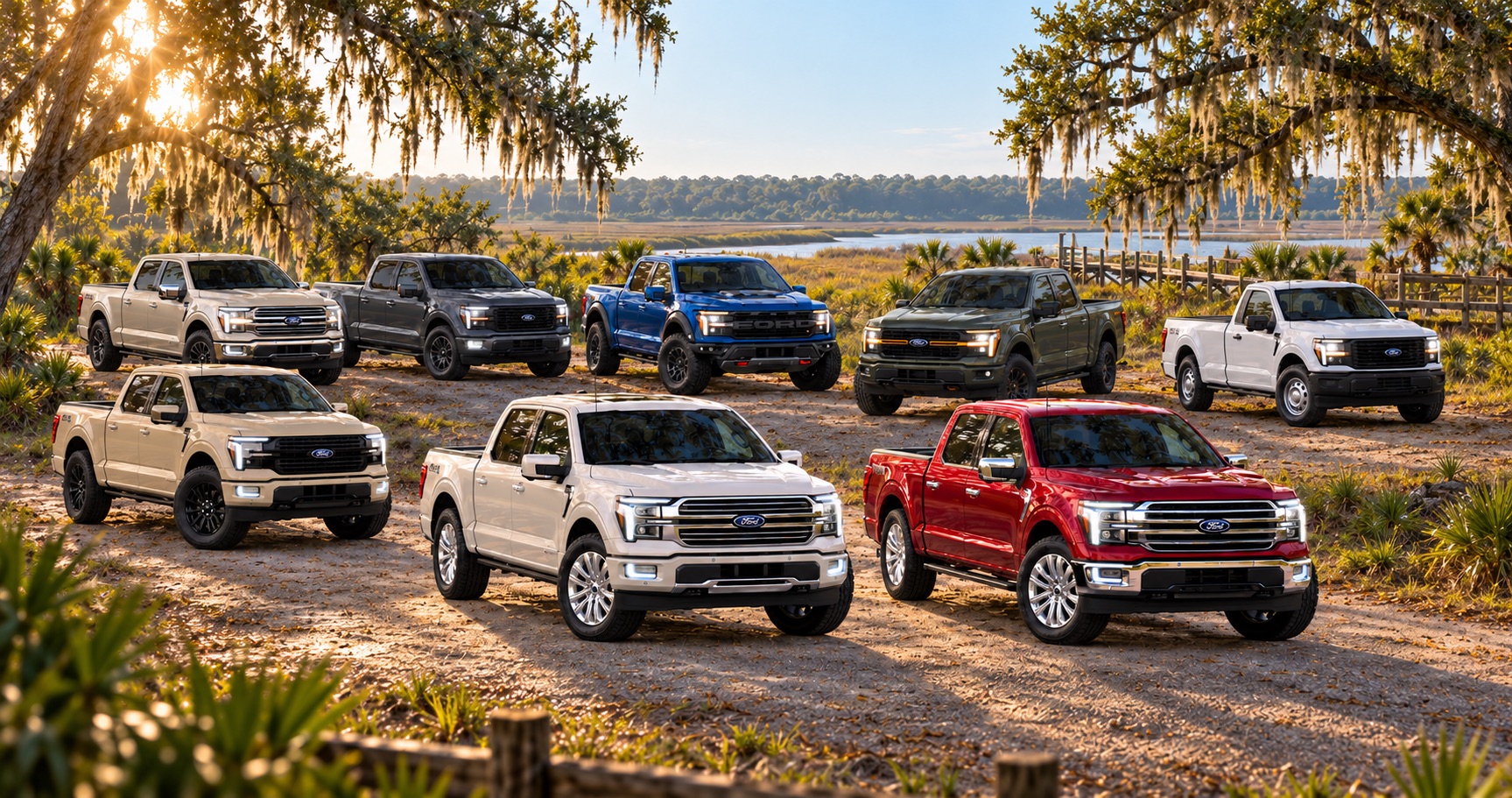 Eight 2027 Ford F-150 trim levels displayed in a scenic Lowcountry setting near Savannah, GA