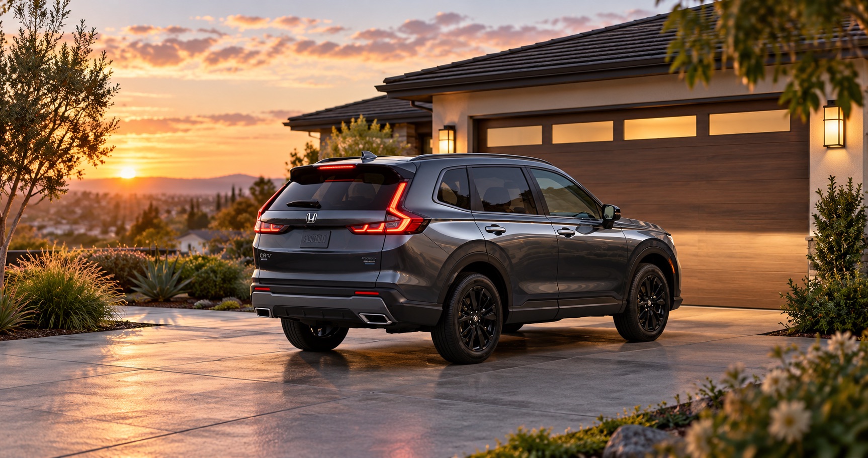 2027 Honda CR-V Sport Touring Hybrid parked in a modern driveway at sunset in Tracy, CA