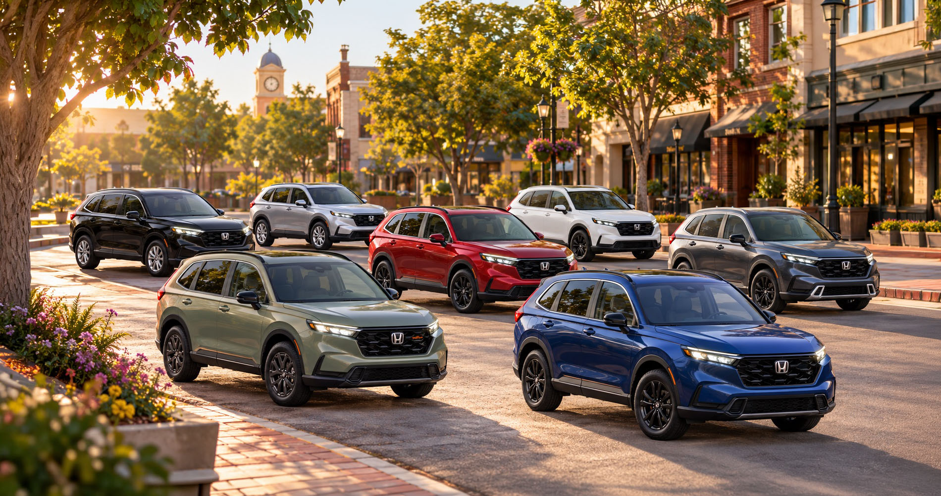 Seven 2027 Honda CR-V trim levels displayed on a downtown street in Tracy, CA