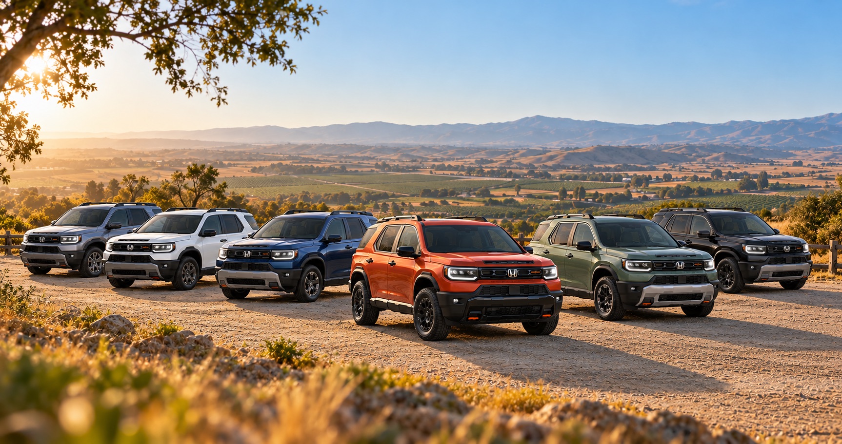 2027 Honda Passport trim lineup parked at a scenic overlook near Tracy, CA