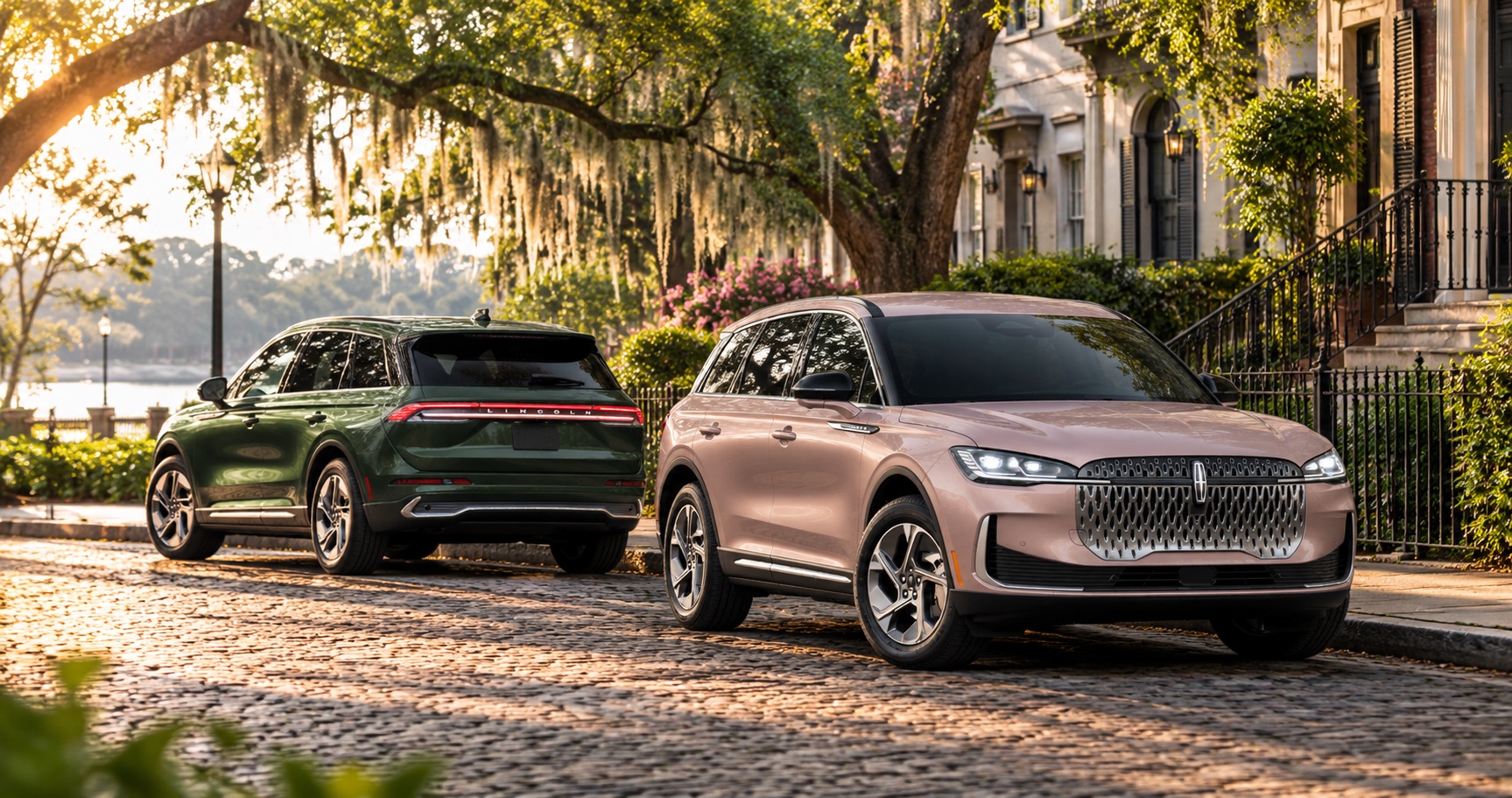 2027 Lincoln Corsair Hybrid models parked along a cobblestone street in Savannah, GA