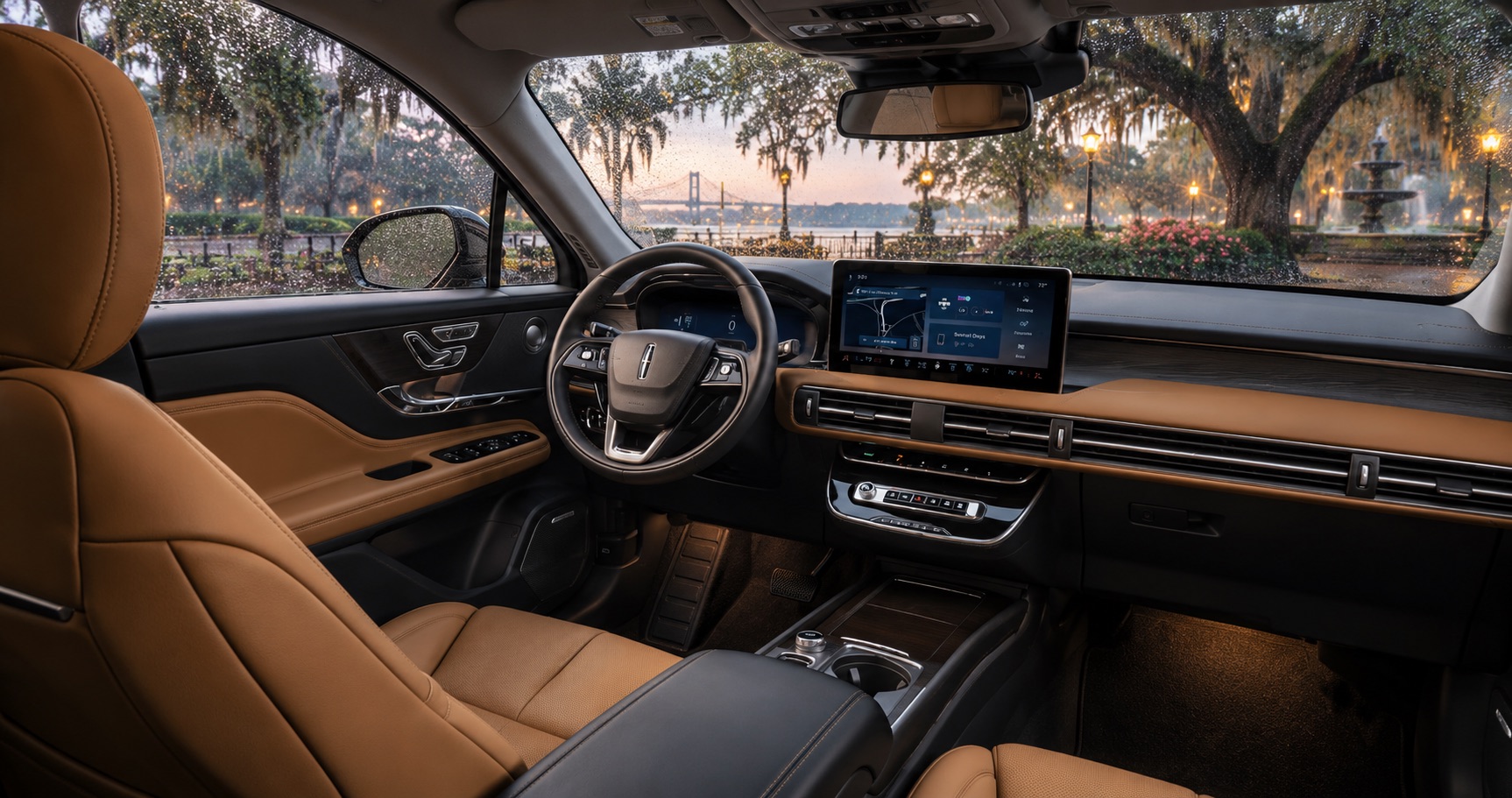 2027 Lincoln Corsair Hybrid interior overlooking a rainy park in Savannah, GA