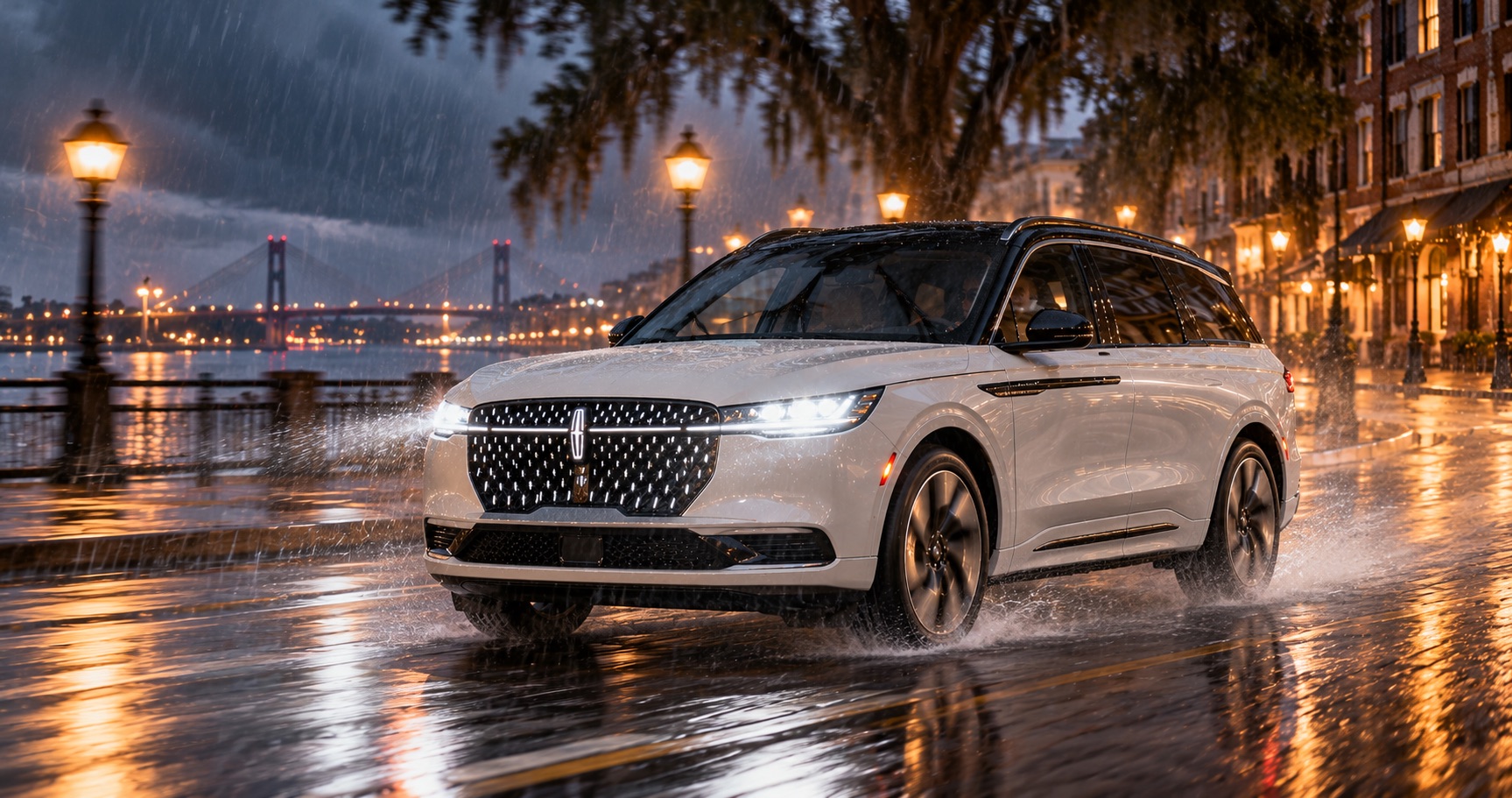 2027 Lincoln Nautilus driving through heavy rain along the Savannah, GA waterfront