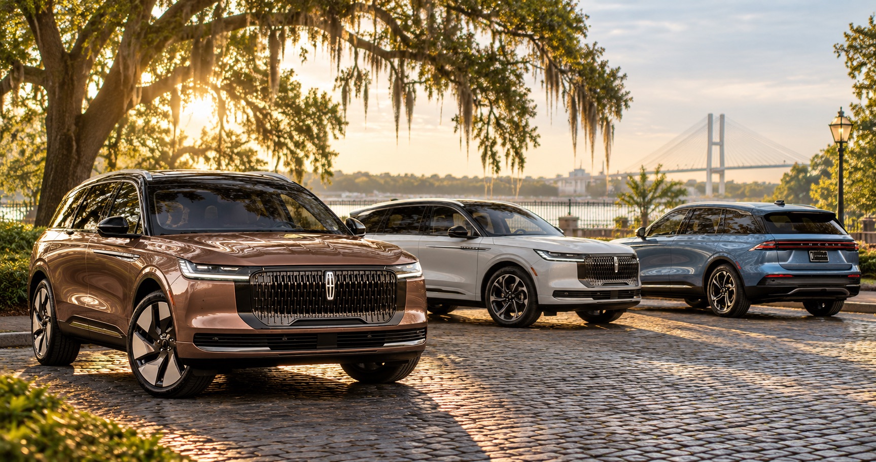 2027 Lincoln Nautilus models parked beneath live oak trees near the Savannah, GA waterfront
