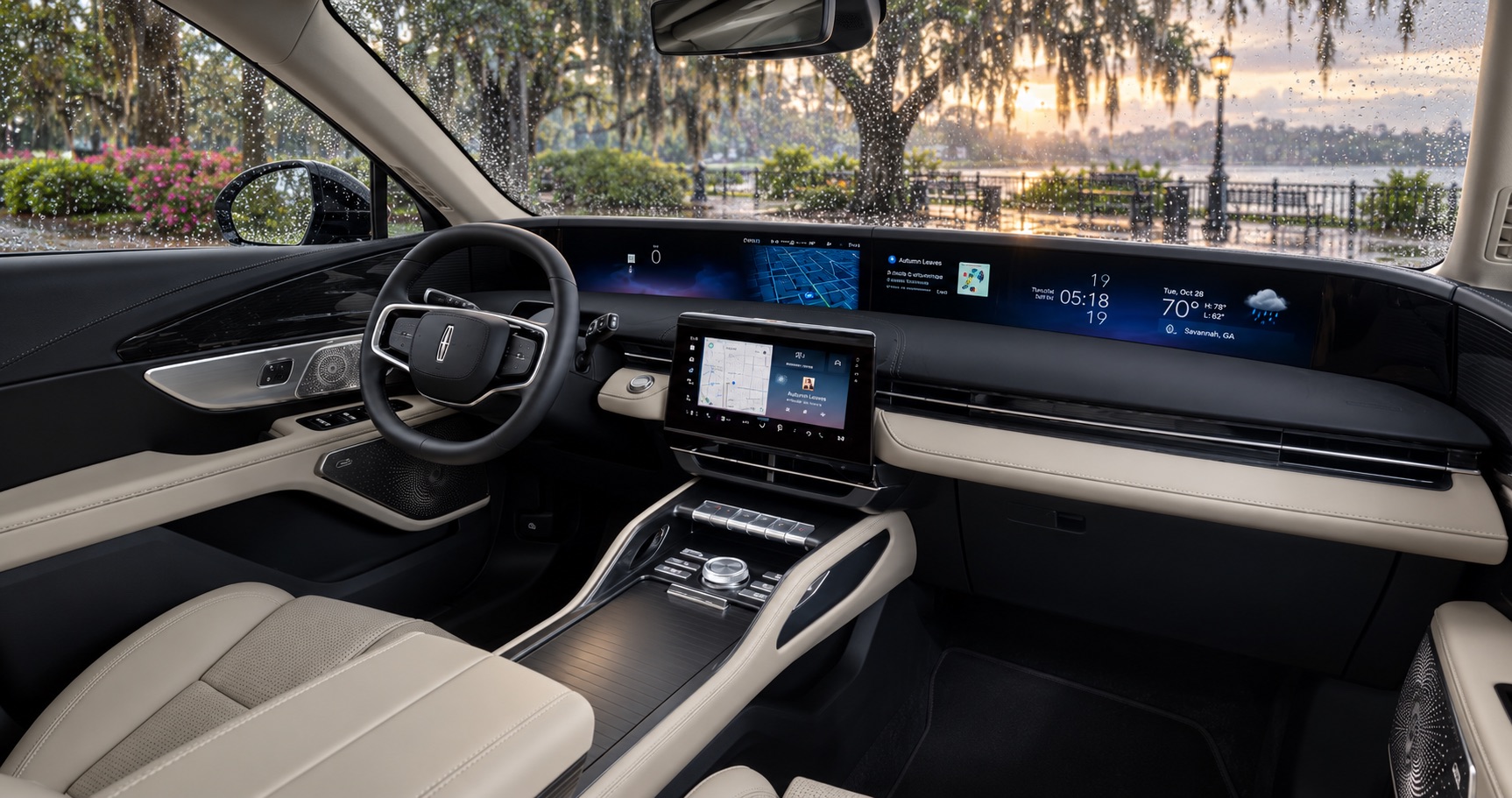 2027 Lincoln Nautilus interior overlooking a rainy waterfront park in Savannah, GA