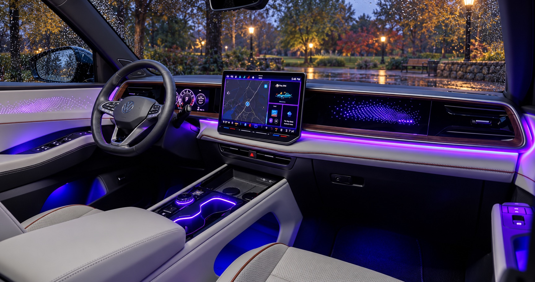 2027 Volkswagen Atlas SEL Premium R-Line interior overlooking a rainy park in Easton, MA