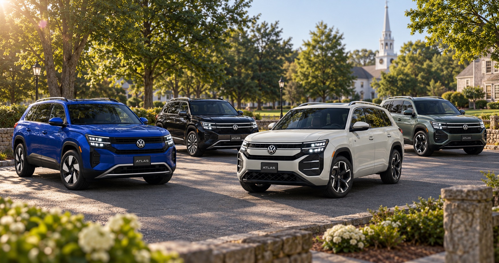2027 Volkswagen Atlas trim lineup parked near a town green in Easton, MA