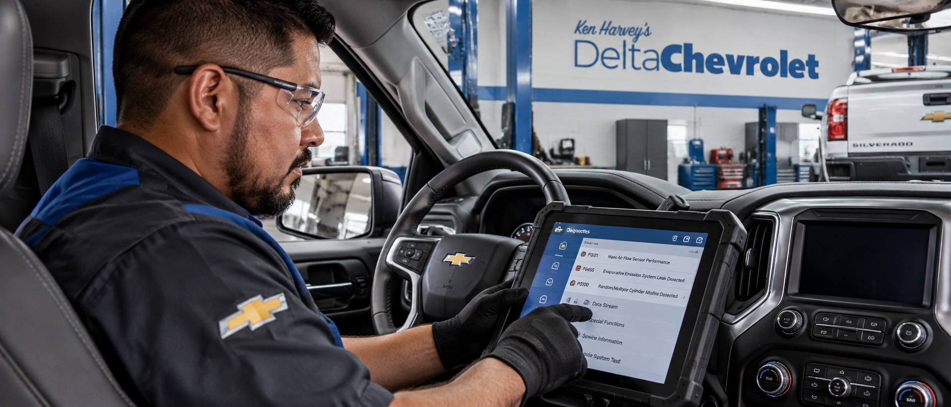 Chevrolet technician reviewing diagnostic trouble codes on a scan-tool tablet from the driver's seat of a Chevy Silverado at Delta Chevrolet in Pittsburg, CA.