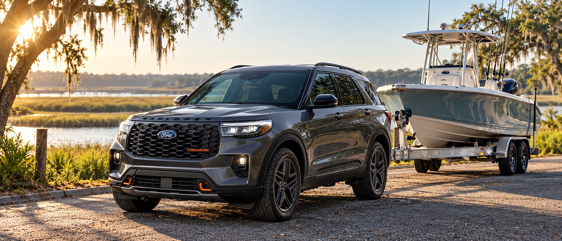 2027 Ford Explorer Tremor towing a boat trailer near the coastal marshes of Savannah, Georgia