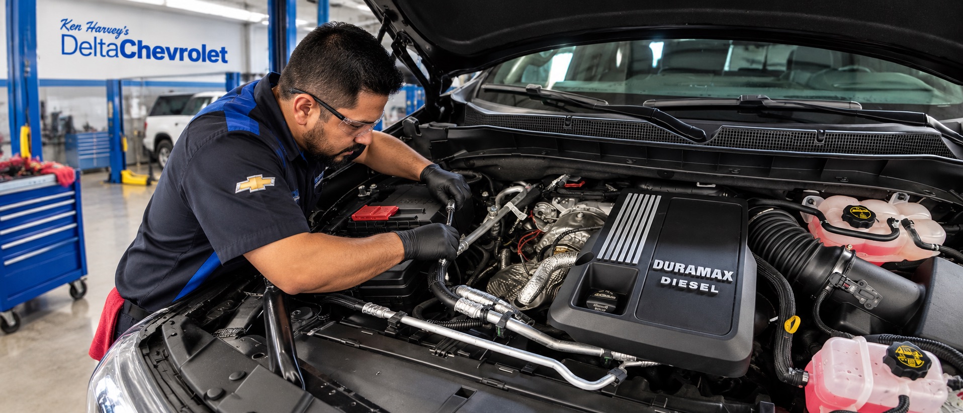 Chevrolet technician performing hands-on service in the Duramax diesel engine bay of a Chevy Silverado at Delta Chevrolet in Pittsburg, CA.