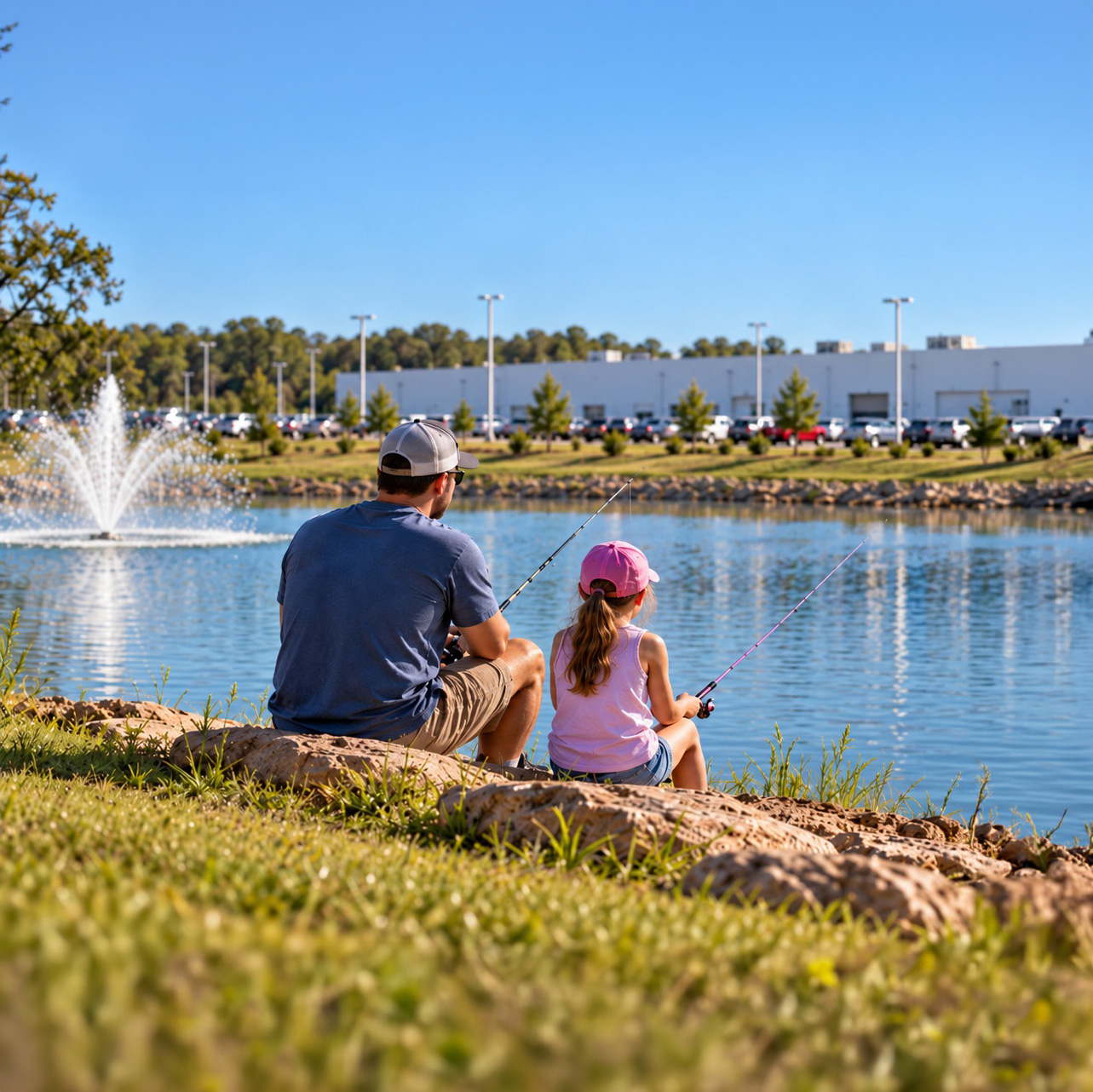 Father and young daughter fishing beside the pond at Classic Chevrolet Cadillac of Texoma in Denison, TX.