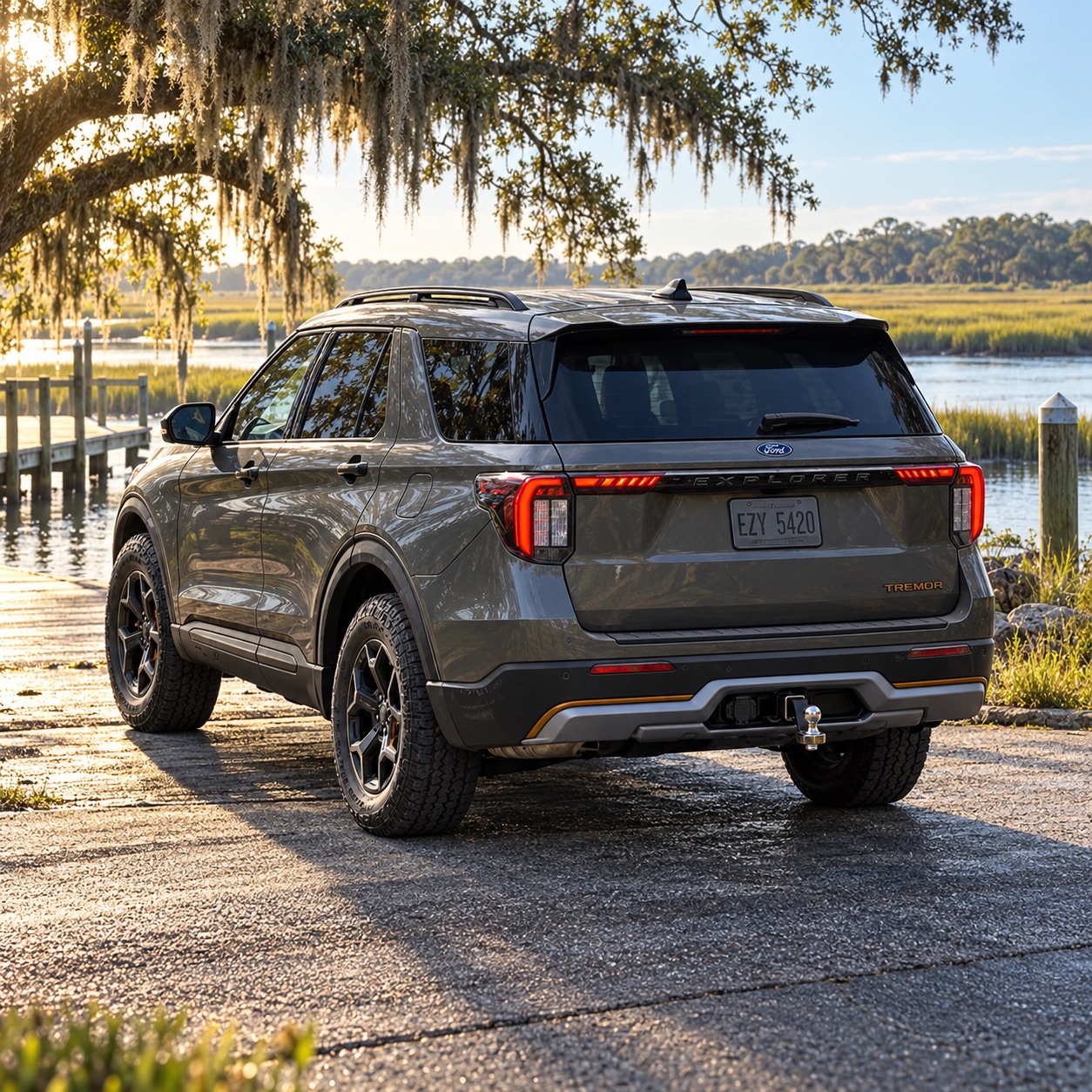 Ford Explorer Tremor parked by a coastal marsh boat ramp near Savannah, Georgia