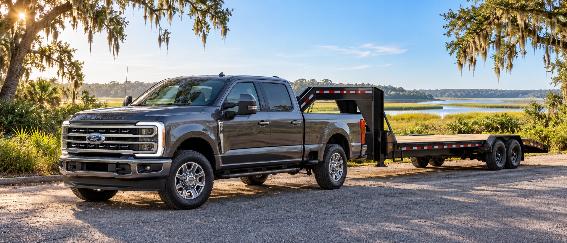 Carbonized Gray Ford F-250 Super Duty with a gooseneck flatbed trailer parked beside coastal marshland near Savannah, Georgia