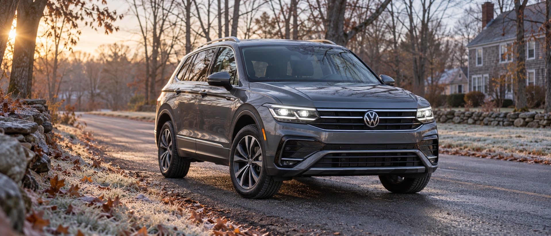 Gray Volkswagen Tiguan on a frosty country road at sunrise in southeastern Massachusetts.