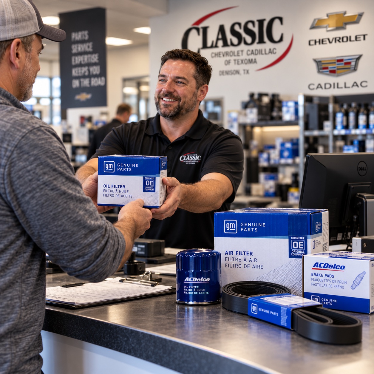 Service counter at Classic Chevrolet Cadillac of Texoma in Denison, TX, with an employee passing OEM parts to a customer over the counter