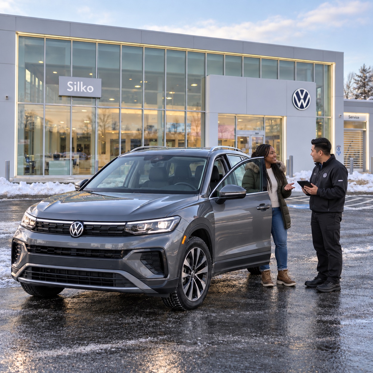 2026 Volkswagen Tiguan SE during a winter service drop-off with a customer and Silko Volkswagen service advisor in Easton, Massachusetts.