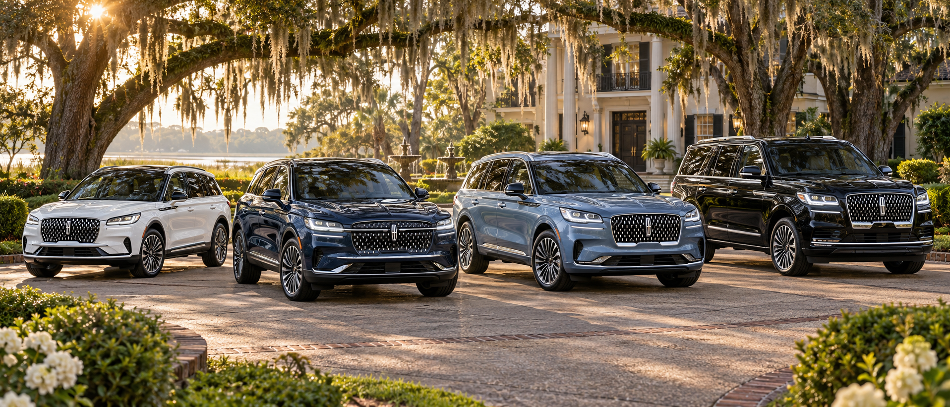 Lincoln Corsair, Nautilus, Aviator, and Navigator luxury SUVs displayed outside an elegant Savannah-style Southern estate beneath mature live oak trees.
