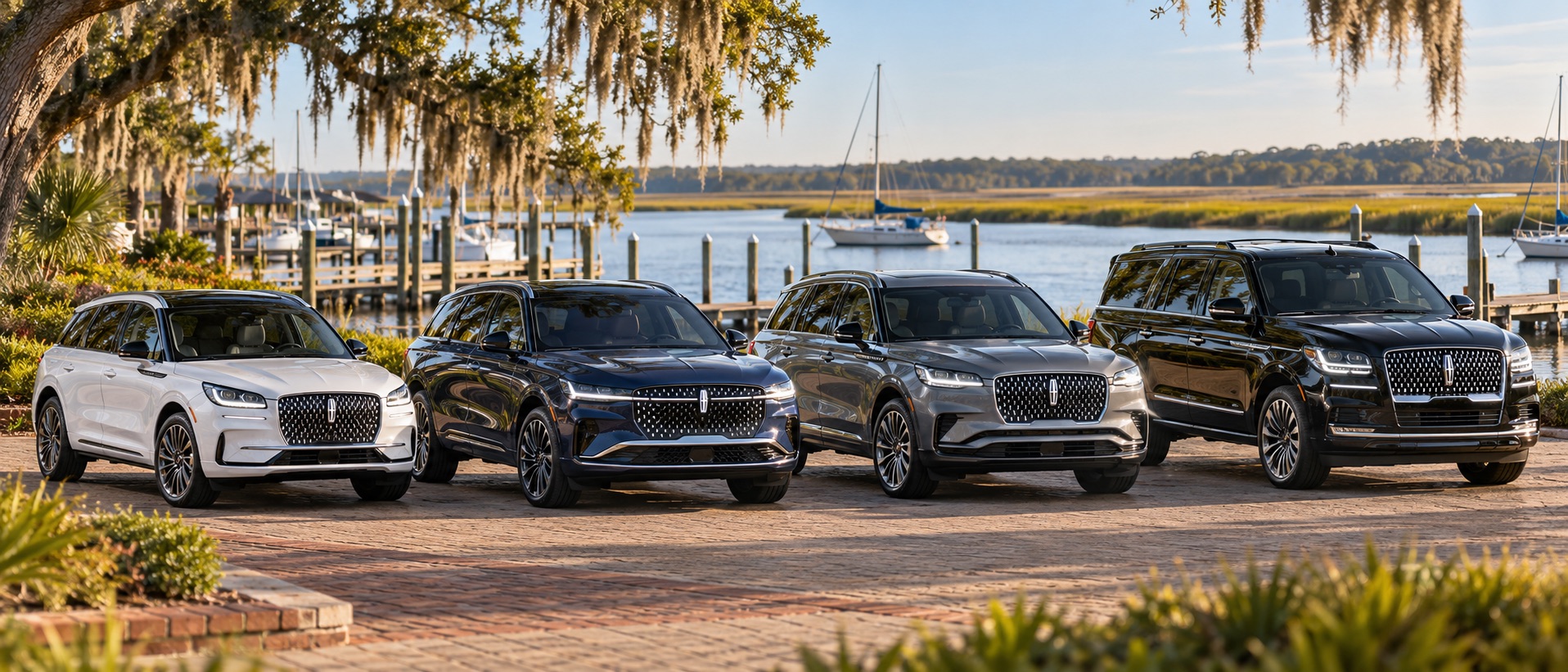Lincoln Corsair, Nautilus, Aviator and Navigator luxury SUVs parked beside a Savannah-area waterfront marina in coastal Georgia
