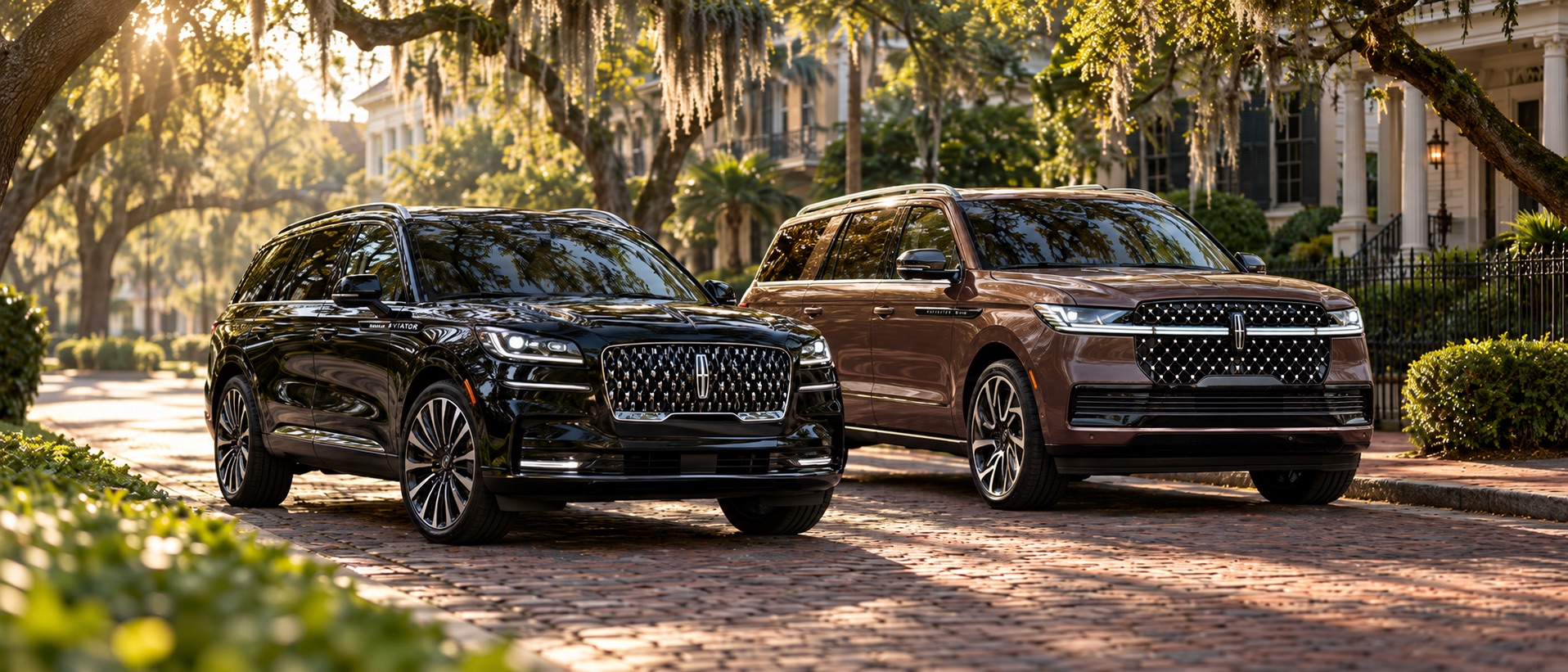 Lincoln Aviator and Navigator luxury SUVs parked along a Savannah street beneath moss-draped live oak trees in the morning.