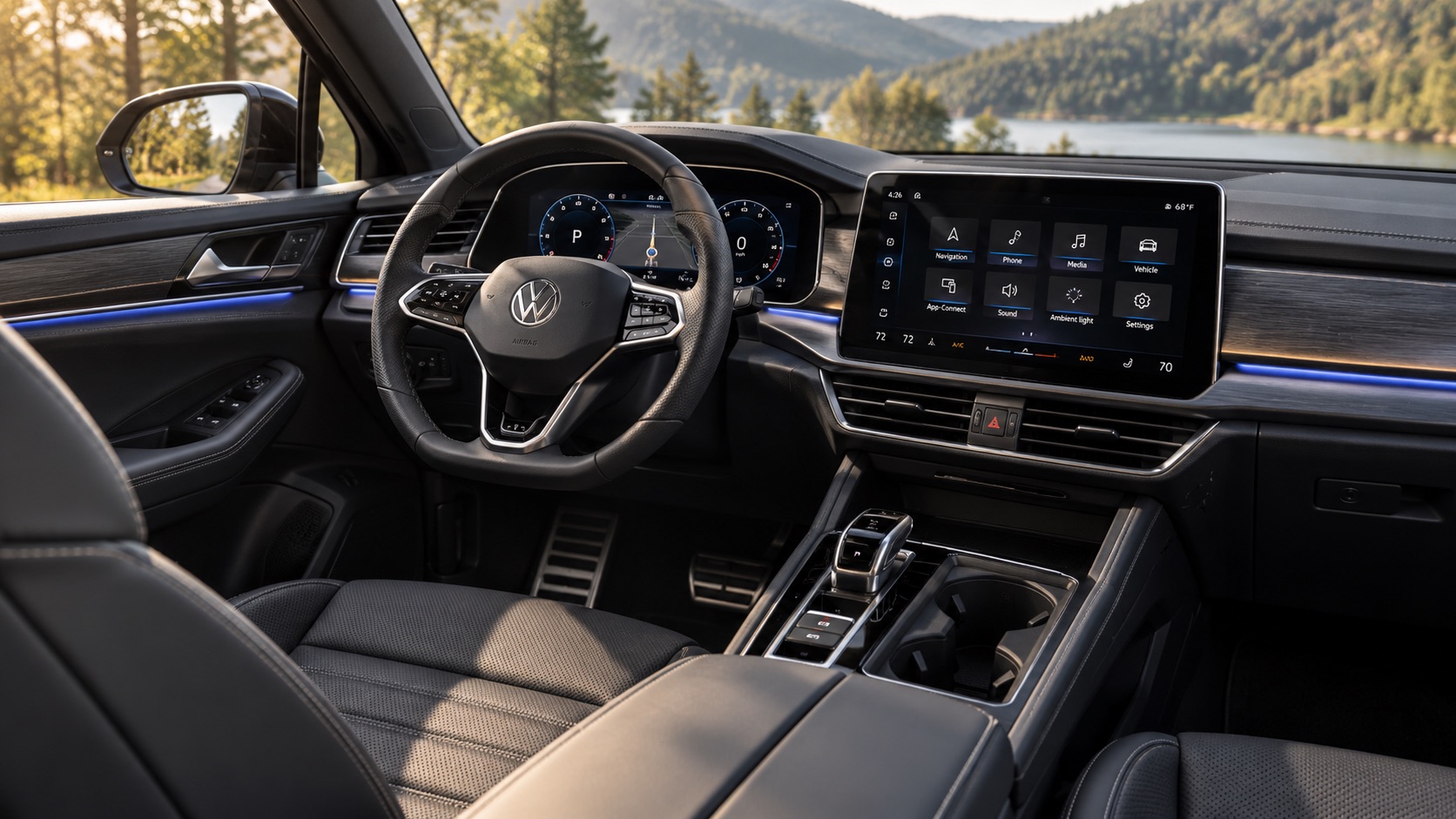 Premium Volkswagen interior with digital cockpit, touchscreen, ambient lighting, leather seating, and driver-focused controls