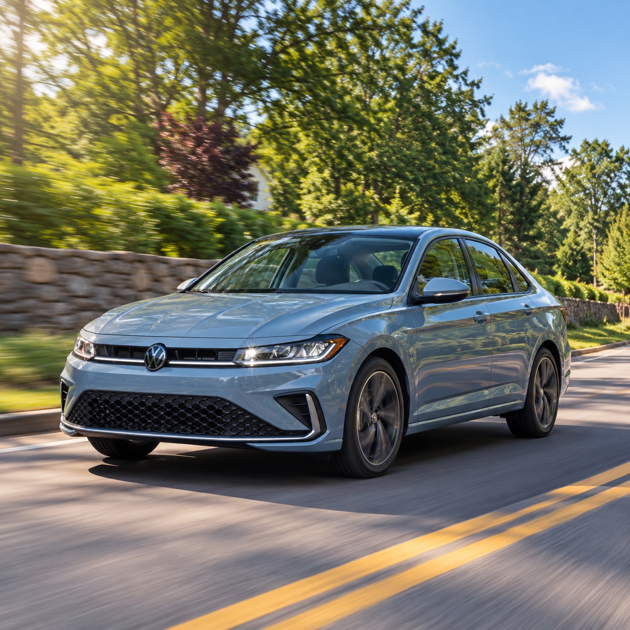 2027 Volkswagen Jetta SE driving on a tree-lined road near Easton Massachusetts