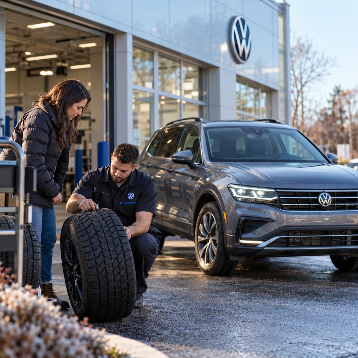 Volkswagen technician inspecting the tread of a winter tire beside a gray Volkswagen Tiguan during a cold-weather service visit at Silko Volkswagen of Easton in Massachusetts.