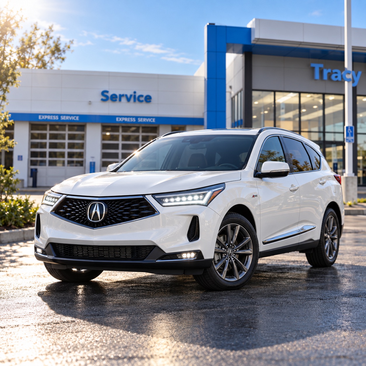 2026 Acura RDX in Platinum White Pearl parked outside the Tracy Honda service area in Tracy, California, with the front wheel and brake area visible