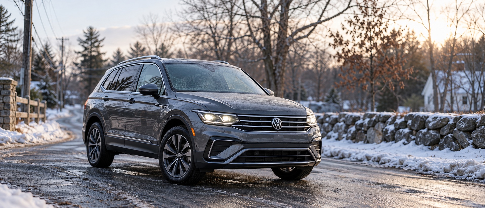 Gray Volkswagen Tiguan driving on a snow-lined Massachusetts road on a cold winter morning.
