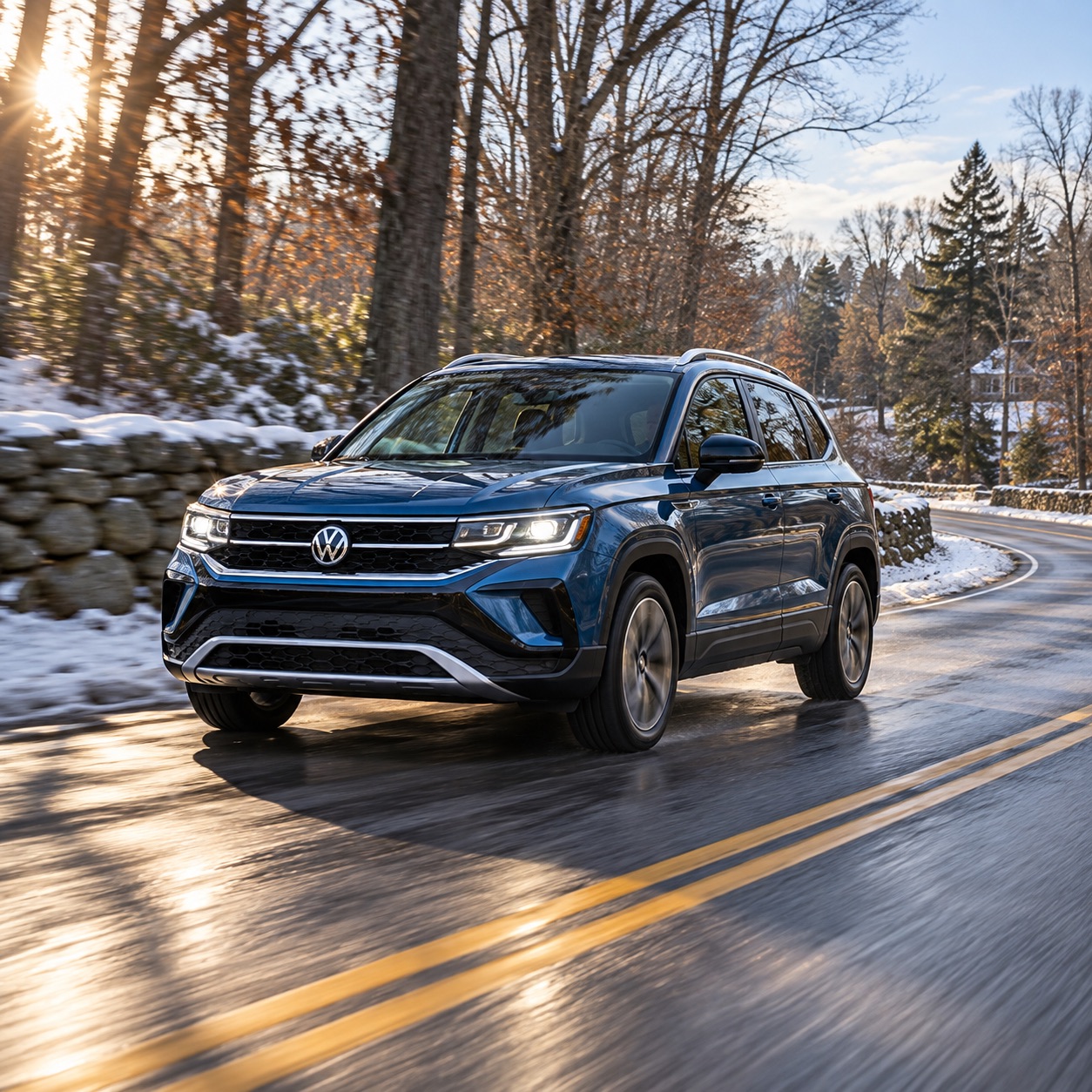 Blue 2027 Volkswagen Taos with 4MOTION driving on a wet winter road with light snow in southeastern Massachusetts.